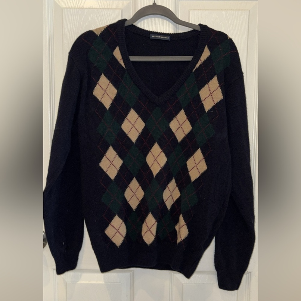 Brandy Melville Black and Cream Argyle V-Neck Sweater